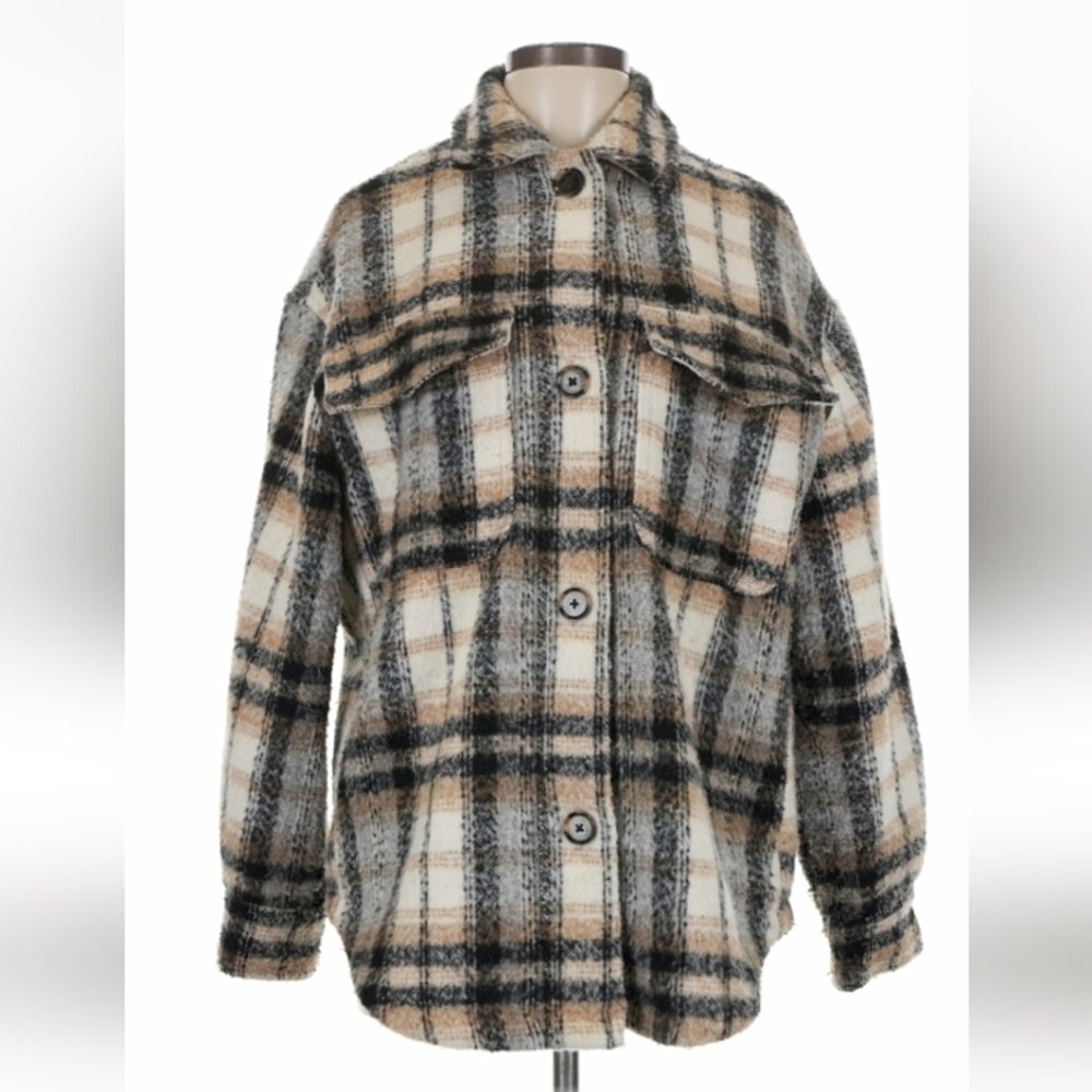Bershka Black Beige Plaid Wool Blend Shacket Jacket M-L
